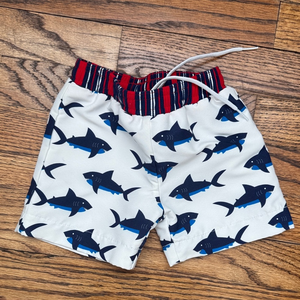 Florence Eiseman White Swim Trunks with Navy and Blue Shark Print